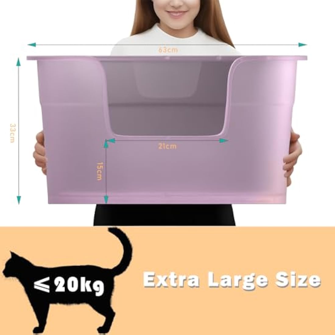 Extra Large Cat Litter Tray, 63cm x 45cm x 33cm Deep, Easy Cleaning, Lowered Entry, Anti-Spillage, Transparent Purple