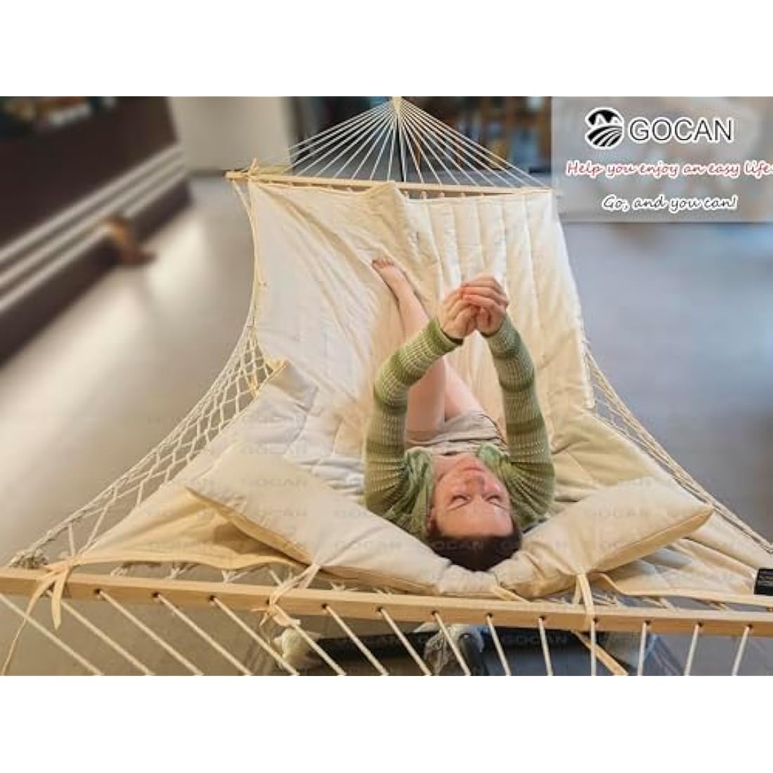 GOCAN Mesh Hammock,Cotton Rope hammocks with Pad Chains Hooks Tree Straps fit Stands from 9' to 15' for Outside Indoor Patio Yard