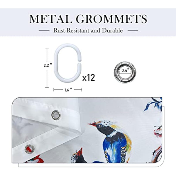 LIVETTY White Bird Floral Shower Curtain 180cm × 180cm Mould Proof Butterfly Fabric Bathroom curtain For Women & Men With 12 Hooks Washable Quick-Drying Curtains