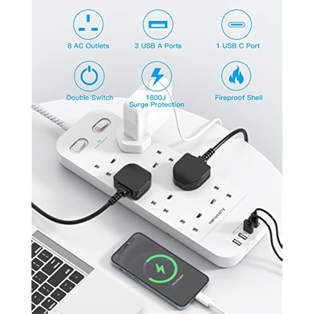 3M Extension Lead with 4 USB Slots, 8 Way Outlets Power Strip with 1800J Surge Protection, Double Switch Plug Extension with 10FT Braided Extension Cable for Home, Dorm Room, Office Accessories
