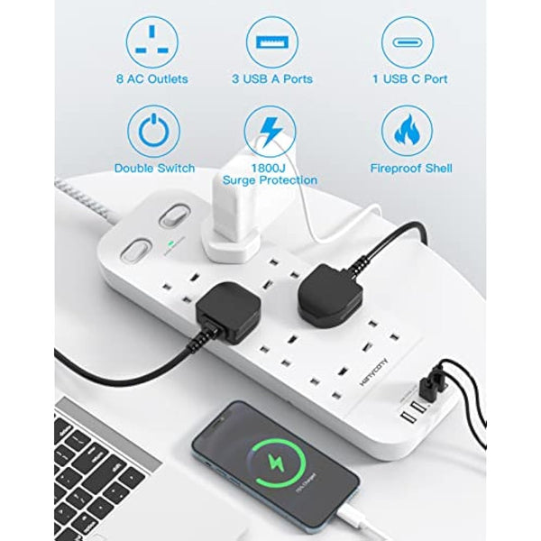 3M Extension Lead with 4 USB Slots, 8 Way Outlets Power Strip with 1800J Surge Protection, Double Switch Plug Extension with 10FT Braided Extension Cable for Home, Dorm Room, Office Accessories