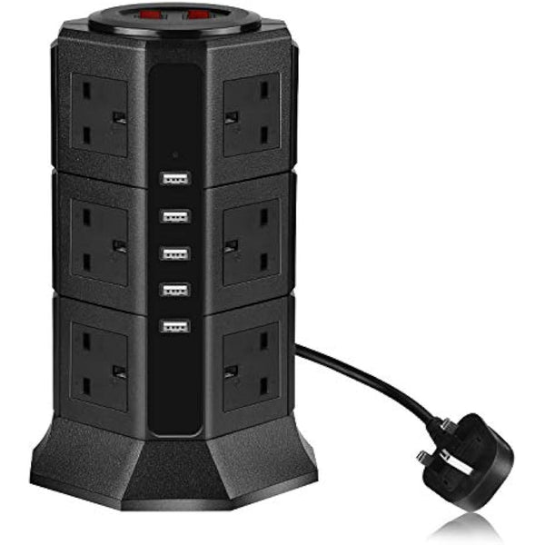 Extension Lead PRITEK 12 Way Outlets 1000J Surge Protector Vertical Power Strip with 5 USB Charging Ports 10A/2500W Overload Protection Extension Socket with 6.5ft Extension Cord (Black)