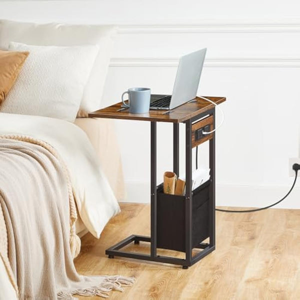 HOOBRO Bedside Table with Charging Station, C Shaped Side Table, Foldable Sofa Side Table Small Tables, 2 USB Ports and 2 AC Outlets, Laptop Table with Fabric Bag, Rustic Brown and Black EBF30KSF01