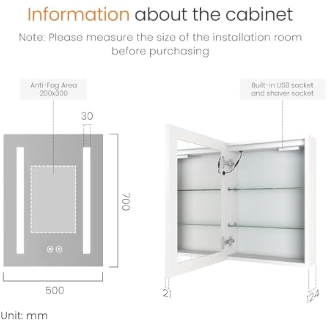 EMKE Led Bathroom Mirror Cabinet, Bathroom Wall Mirror Cabinet with Led Lights with Shaver Socket, Illuminated Mirror Cabinet with Anti Fog, Dimmable & 3 Colors, Memory Function 40L x 60H x 14.5D cm