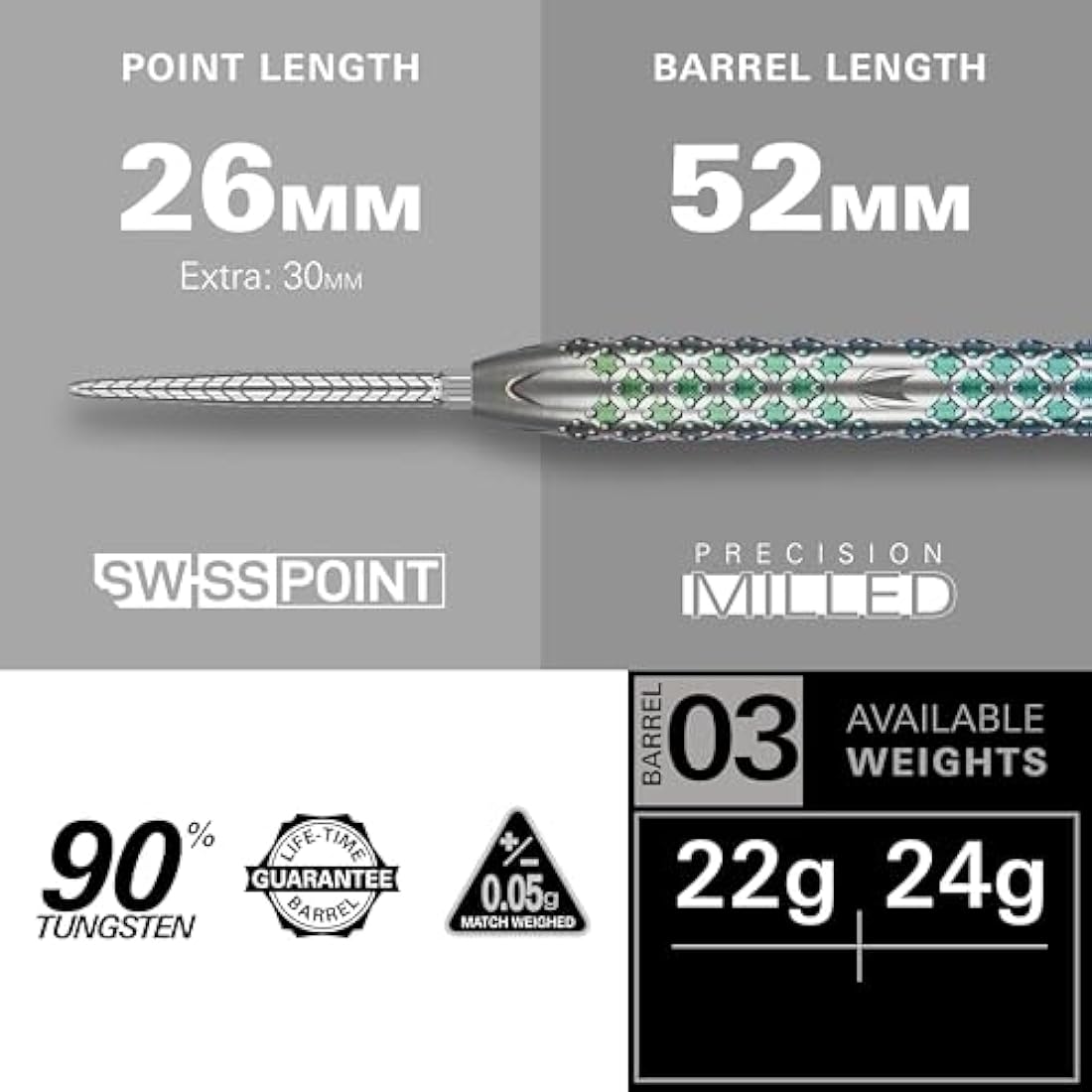 TARGET Darts Rove Steel Tip Swiss Point Darts, 90% Tungsten Dart Set | Steel Tip Dart, Green & Silver Darts, Professional Dart Set with Swiss Points & Tool | Barrel 01/02/03 –22G/23G/24G/25G