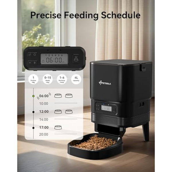 APETDOLA Automatic Cat Feeder, 4L Pet Food Dispenser with Timer, Cat Feeder with 1-6 Meals per Day, Dual Power Supply (AC/DC), Voice Recorder, Automatic Feeders for Cats and Puppy - FD30(Black)