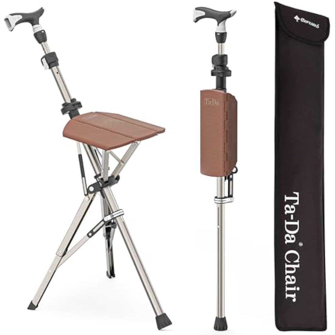 Ta-Da Chair PRO - Walking Stick with Seat, Ultra-Light Aluminium Frame & Sturdy Foldable Stool (up to 120kg), Collapsable Folding Design, Ideal for Travel & Sightseeing - Brown, Adjustable