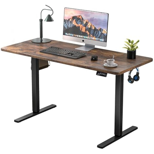 ERGOMAKER Electric Standing Desk 140x60cm (55.1"x23.6"), Height Adjustable Standing Desk with Splice Board, Stand Up Desk with Hook and Memory Smart Handset(Black Frame + Rustic Brown Desktop)