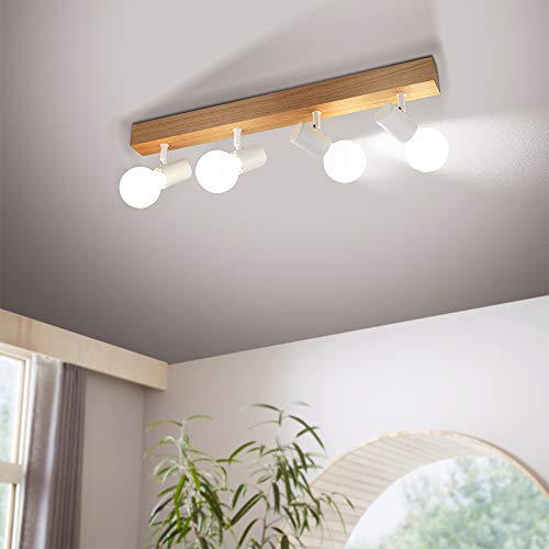 EGLO Townshend 3 ceiling lamp, 4 flame vintage ceiling spot in industrial design, retro lamp made of steel and wood, white, brown, E27 socket