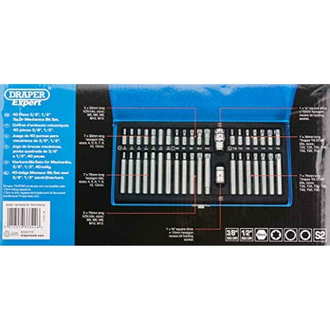 Draper Expert TX-STAR® 1/2" 40 Piece Hex & Spline Mechanics Bit Set | 3/8 Square Drive Hand Tool | Chrome Vanadium Steel Sockets Mechanics Car Tools | Steel Case | 33322