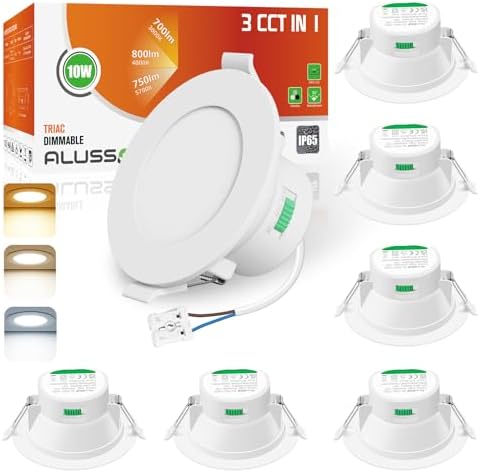 ALUSSO IP65 LED Downlights Ceiling Dimmable 10W 800LM LED Recessed Ceiling Spot Lights 3000K Warm 4000K Neutral 5700K Cool Adjustable Spotlights Ceiling Lights for Bathroom Kitchen, White, 6 Pack