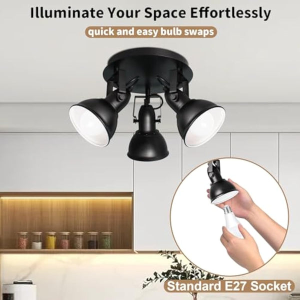 HiBay 3 Way Ceiling Light, Black Spotlight Fittings Ceilings Round Plate, Adjustable E27 Light Fitting, for Living Room Bedroom Hallway, No Bulbs