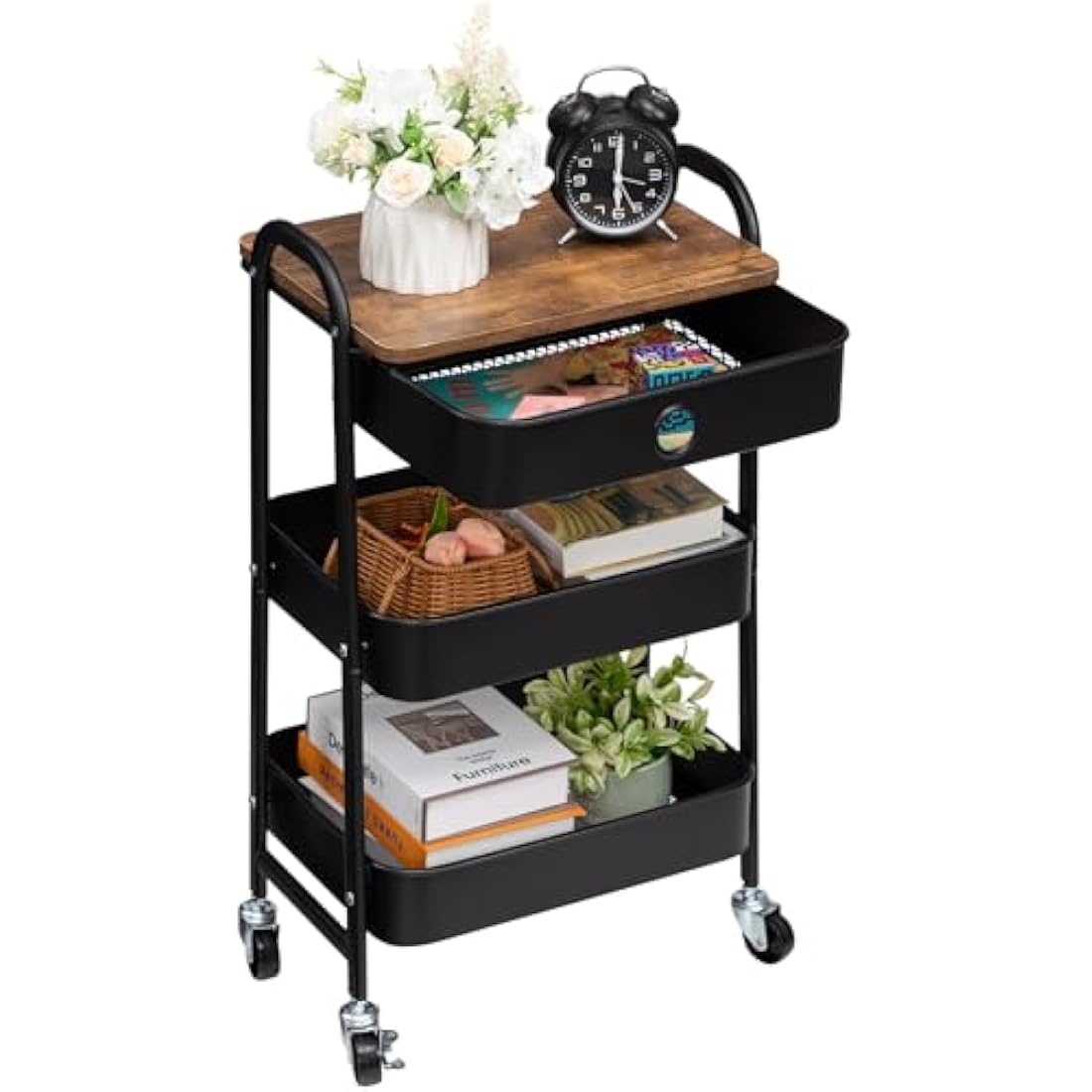 DOEWORKS Metal Storage Cart with Drawer, 3-Tier Trolley Cart on Wheels, Rolling Storage Trolley for Room, Bathroom, Office, Black