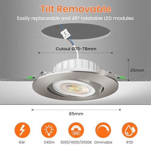 ALUSSO Tilt LED Downlights Dimmable 6W, 540lm Ultra Slim Spotlights 75-78mm, 3CCT Tilt Recessed Lights Warm White 3000K Natural White 4000K Cool White 6500K for Kitchen Living Room, Nickel