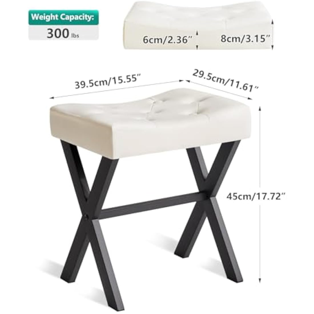 IBUYKE U-shaped PU Vanity Stool, Square Makeup Stool with X-Leg, Ottoman Seat Footrest Stool, Multi-Use as Small Side Table, for Bedroom, Living Room, White WBD019W