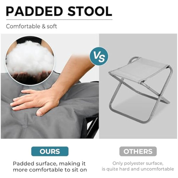 FUNDANGO Oversized Camping Stool with cushion, 18.1 Inch footstool 400 Lbs Heavy Duty Padded Collapsible folding stool Portable Foldable seat for Outdoor Garden Fishing Hiking with Carry Bag (Grey)