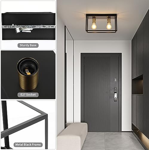 FORCOSO Black Ceiling Lights 2 Lights, Modern Industrial Ceiling Light E27 Flush Mount, LED Metal Cage Ceiling Light Fixture for Bedroom Living Room Kitchen Hallway Staircase max.60W - NO Bulb