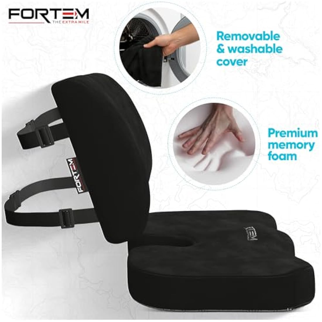 FORTEM Office Chair Cushion and Back Support for Office Chair, Lumbar Support Pillow, Memory Foam, Non Slip Sitting and Back Rest for Gaming, Car Seat Cushion, Chair Pad