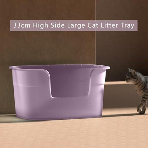 Extra Large Cat Litter Tray, 63cm x 45cm x 33cm Deep, Easy Cleaning, Lowered Entry, Anti-Spillage, Transparent Purple