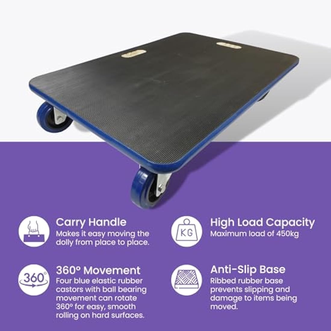Move-It Transport Roller Dolly, 450kg Load Capacity, Heavy-Duty Trolley for Moving Furniture Appliance Equipment, Anti Slip Base, Industrial Commercial Use, Black (70x50cm)