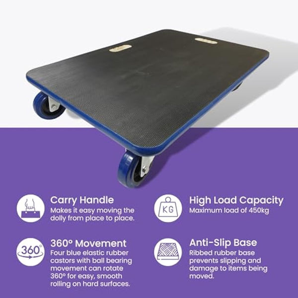 Move-It Transport Roller Dolly, 450kg Load Capacity, Heavy-Duty Trolley for Moving Furniture Appliance Equipment, Anti Slip Base, Industrial Commercial Use, Black (70x50cm)