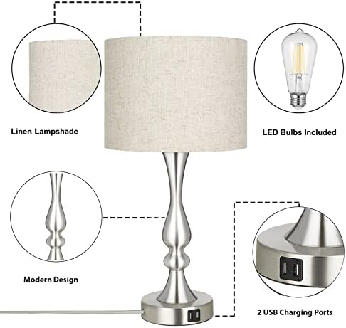 EDISHINE Bedside Lamps Set of 2, 3 Way Dimmable Touch Lamp with USB Charging, Table Lamps for Living Room, Bedroom, Beige Linen Shade (LED Bulbs Included)