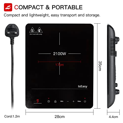 IsEasy Single Induction Cooker 2100W Portable Induction Hob with Slim Black Crystal Panel Body, Induction Plate with 9 Power Levels Setting, Max & Min