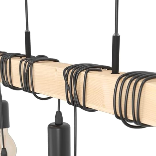 Eglo Pendant Lighting Townshend, 6 Light Vintage Hanging lamp in Industrial Design, Retro Ceiling Light Made of Black Metal and Natural Wood, FSC Certified, E27