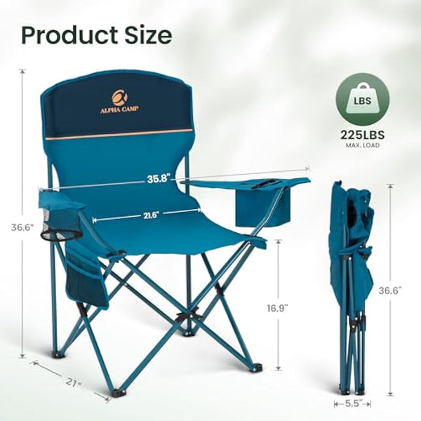 ALPHA CAMP Set of 2 Folding Camping Chairs with Cooler Bag & Cup Holder & Side Pocket Up to 120kg, Lightweight and Portable Camping Chair for Adults, Blue