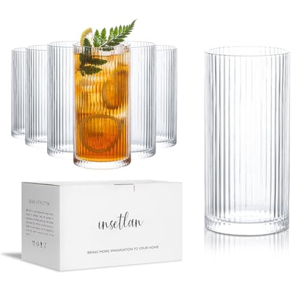 INSETLAN Ribbed Drinking Glasses Set of 6, 370ml Origami Design Ribbed Glassware, Highball Glasses for Juice, Water, and Cocktails, Perfect for Home, Restaurants, and Parties | Dishwasher Safe