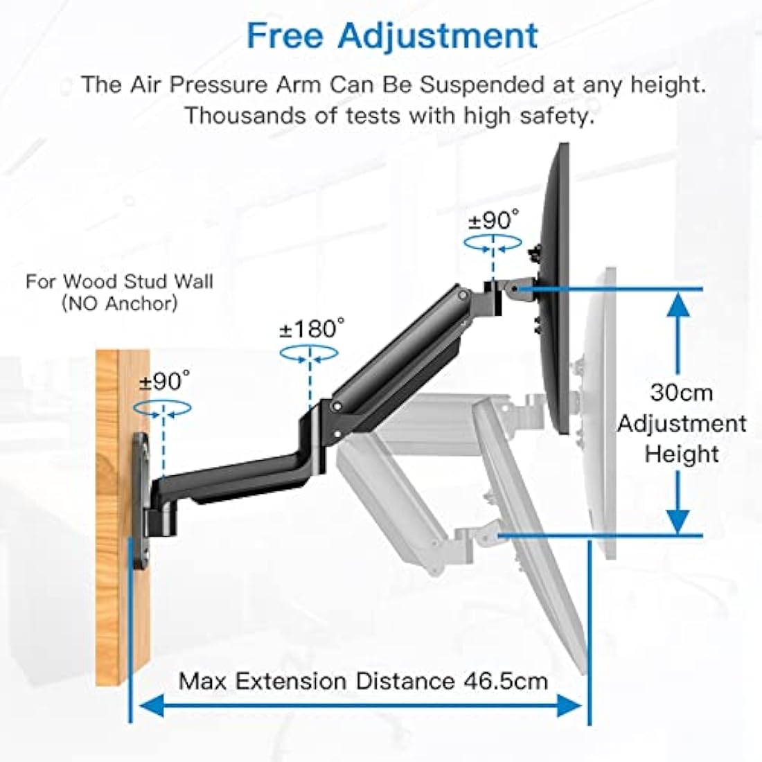 HUANUO 17-32 Inch Monitor Wall Mount Bracket for Computer TV Screens Adjustable Gas Spring Single Monitor Arm Support 8 kg VESA 75x75 mm, 100x100 mm