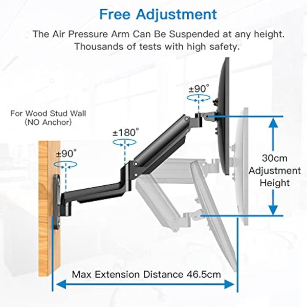 HUANUO 17-32 Inch Monitor Wall Mount Bracket for Computer TV Screens Adjustable Gas Spring Single Monitor Arm Support 8 kg VESA 75x75 mm, 100x100 mm