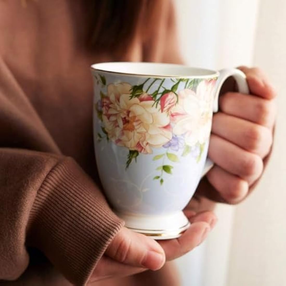 4 Piece Porcelain Mug Set - Bone China Floral Coffee Tea Water Cup - Tea Coffee Cappuccino Home Kitchen Office Gift Mug Set - 11 oz/312 ml