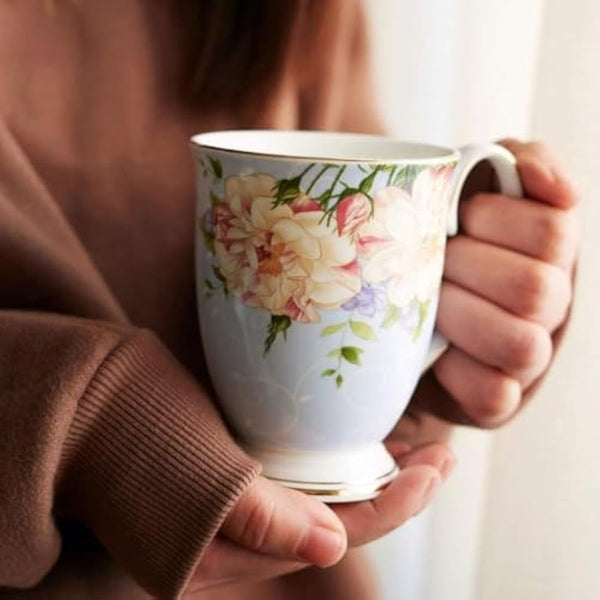 4 Piece Porcelain Mug Set - Bone China Floral Coffee Tea Water Cup - Tea Coffee Cappuccino Home Kitchen Office Gift Mug Set - 11 oz/312 ml