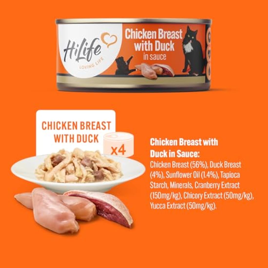 HiLife Adult Wet Cat Food Tins, Mixed Chicken Recipes in Sauce, Complete Tinned Cat Food, 100% Natural & Grain Free, Chicken Breast / with Beef / with Duck, 4x (12 x 70g) / 48 cans