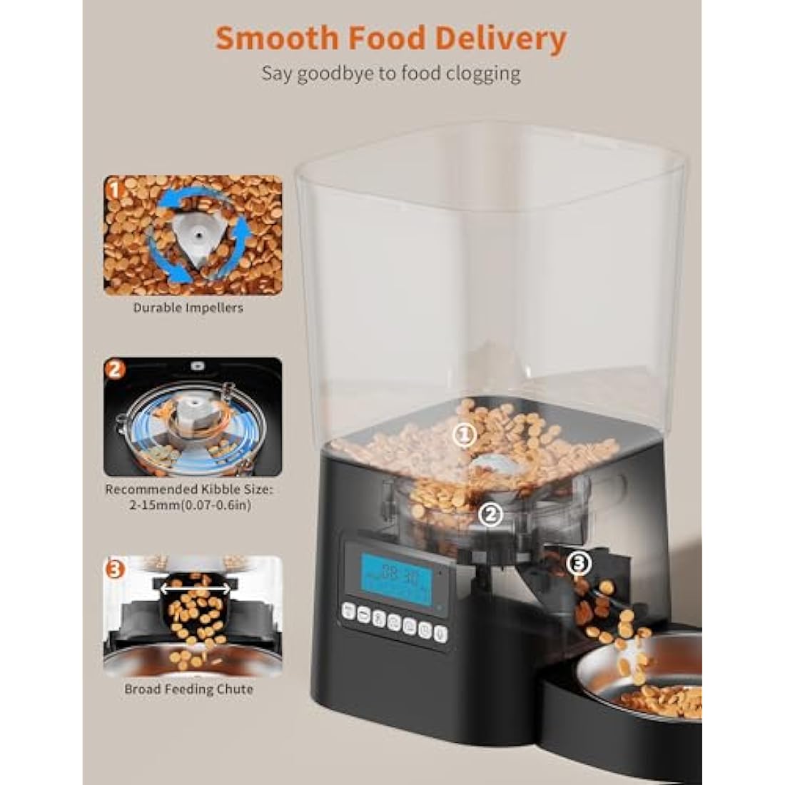 HoneyGuaridan Automatic Cat Feeder with Timer, 3.5L Dry Cat Food Dispenser, Timed Dog Feeder with Stainless Steel & Slow Feeder Bowl, Dual Power Supply with Desiccant, 1-6 Meals/day for Cats Dogs