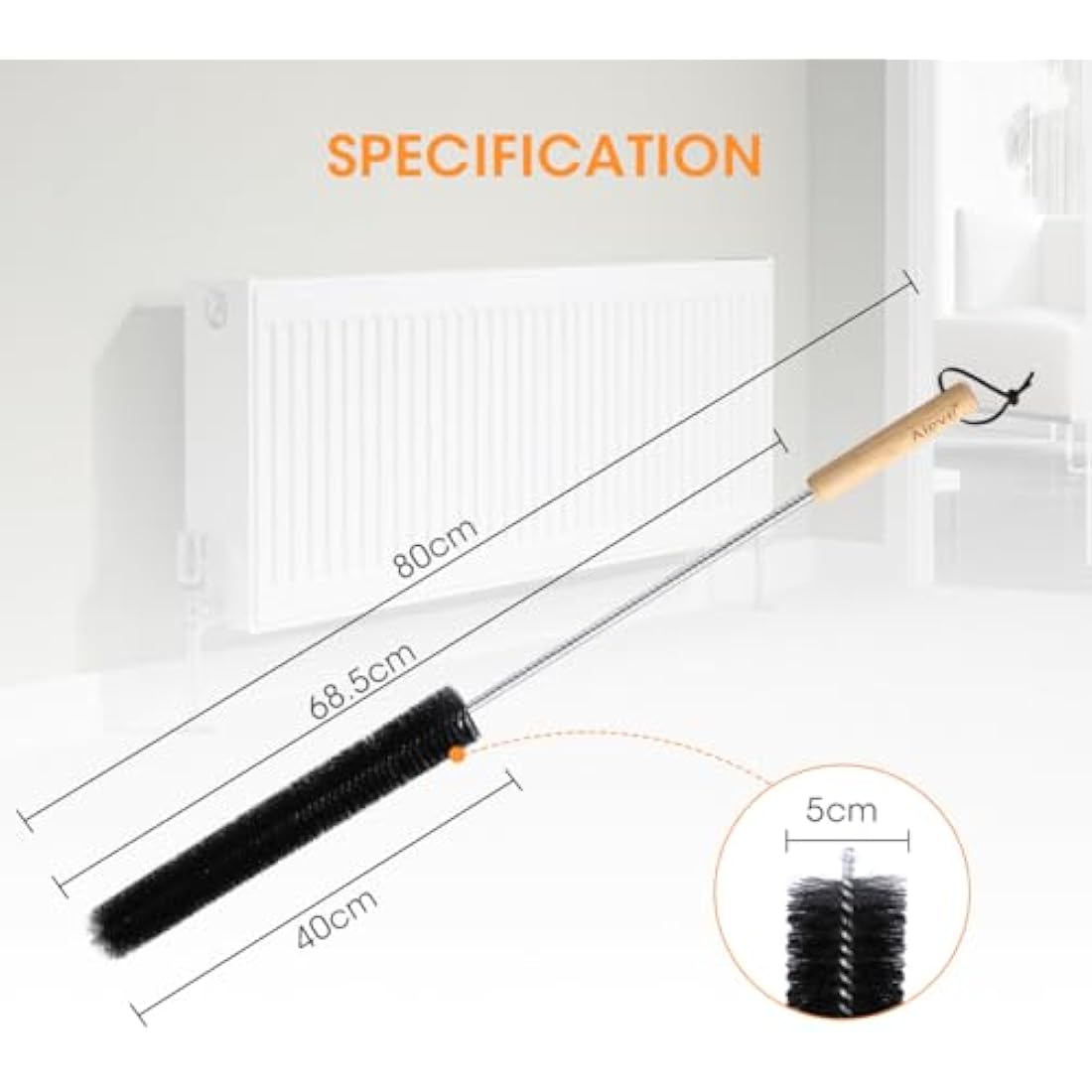 Aieve Radiator Cleaner Brush, 80CM Radiator Brush, Flexible Long Cleaning Duster with Wood Handle for Heater & Dryer Lint & Washing Machine