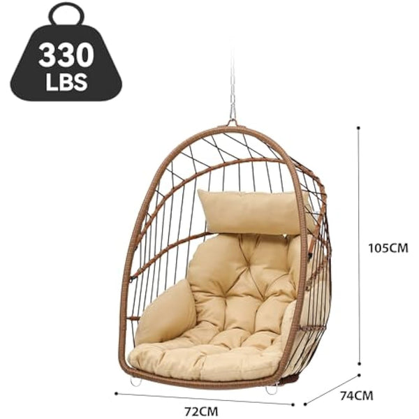 YITAHOME Rattan Egg Chair，Swing Egg Chair w/ Cushions，Sturdy Steel Frame，105x74x72 cm Hanging Egg Chair w/ a Chain & S Hook Patio，Garden，Living Room，Brown Egg Chair & Beige Cushion (FTPLPS-1010-E)