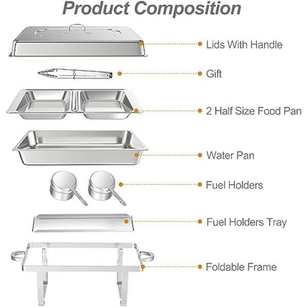 9L Chafing Dish Buffet Set,4 Pack Buffet Servers Catering Heat Container Set, Stainless Steel With Half Size Food Containers, Foldable Frames Food Warmer Set for Catering, Buffet, Wedding Parties