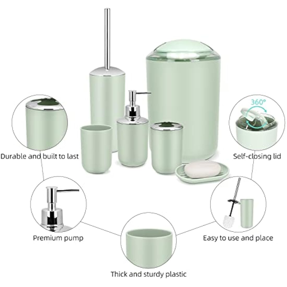 IMAVO Bathroom Accessory Set - 6 Piece Green Bathroom Accessories Set with Trash Can, Soap Dispenser, Soap Dish, Toothbrush Holder & Cup, Toilet Brush Holder, Bathroom Decor Sets Accessories Complete