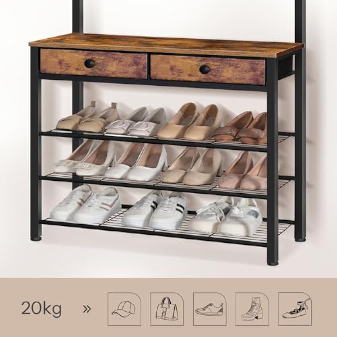 HOOBRO Coat and Shoe Rack, Coat Rack with Shoe Storage, Hall Tree with 2 Non-Woven Drawers, Coat and Shoe Storage for Hallway, Bedroom, Cloakroom, Rustic Brown and Black EBF81MT01