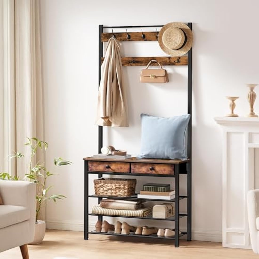 HOOBRO Coat and Shoe Rack, Coat Rack with Shoe Storage, Hall Tree with 2 Non-Woven Drawers, Coat and Shoe Storage for Hallway, Bedroom, Cloakroom, Rustic Brown and Black EBF81MT01