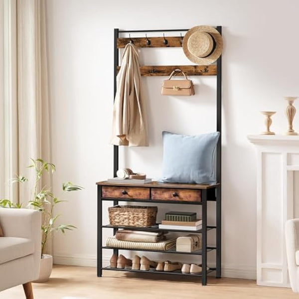 HOOBRO Coat and Shoe Rack, Coat Rack with Shoe Storage, Hall Tree with 2 Non-Woven Drawers, Coat and Shoe Storage for Hallway, Bedroom, Cloakroom, Rustic Brown and Black EBF81MT01