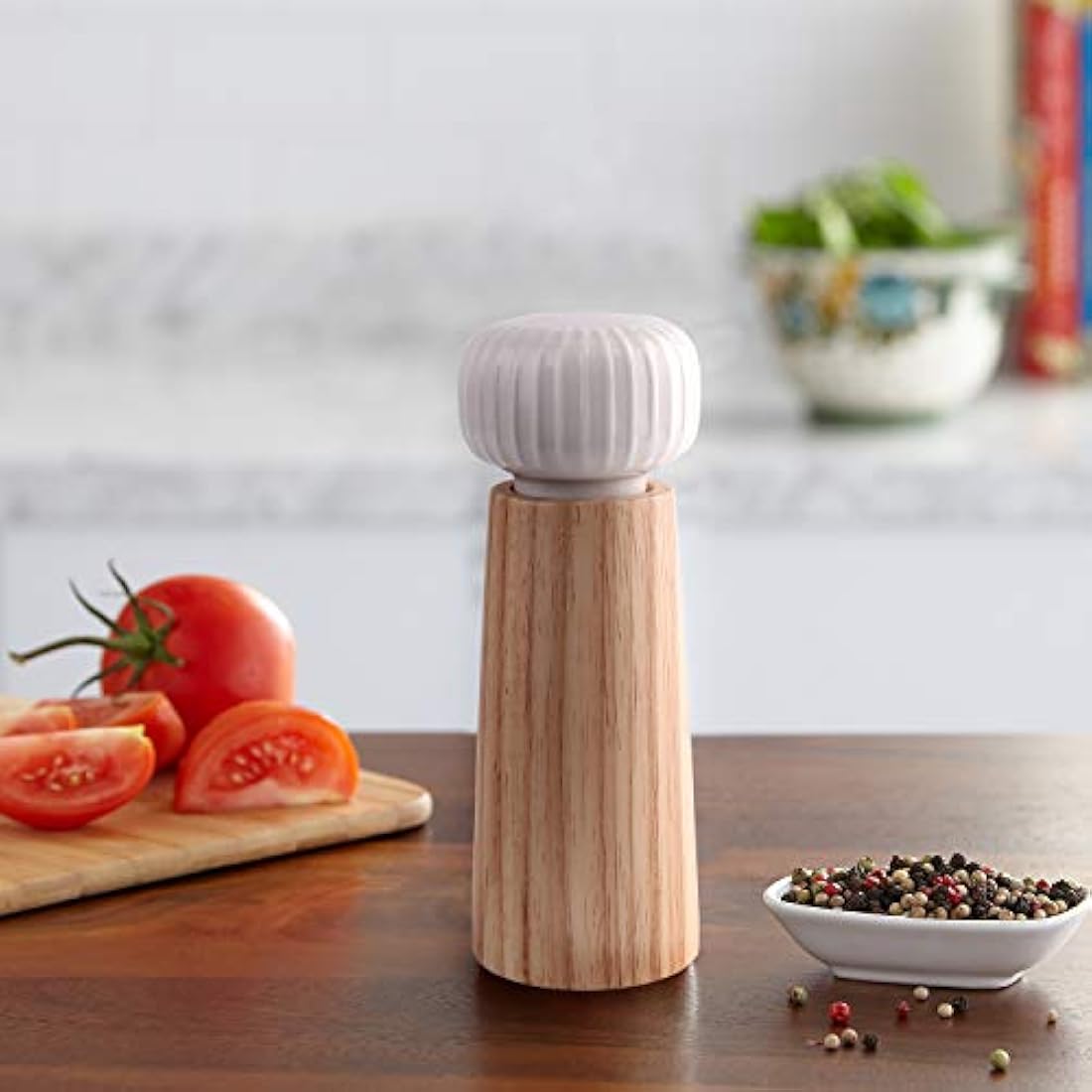 HAIPUSEN Salt and Pepper Mill Set - Wood and Ceramic Pepper Grinder Spice Mill with Adjustable Coarseness, 17.5 cm (with Tray)