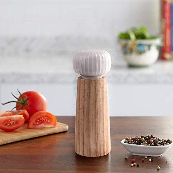 HAIPUSEN Salt and Pepper Mill Set - Wood and Ceramic Pepper Grinder Spice Mill with Adjustable Coarseness, 17.5 cm (with Tray)