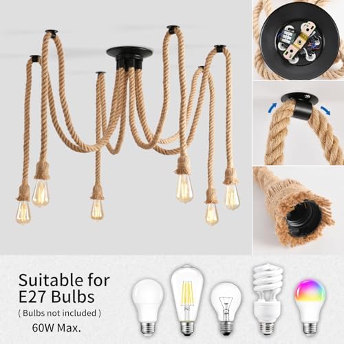 ANWIO 6 Heads Spider Light Chandelier,Pendant Lighting Ceiling,DIY Spider Rope Ceiling Lights,Bedroom Light Shades,Industrial Hanging Ceiling Lights,Hanging Light Fitting,Loft Lighting（1PCS）