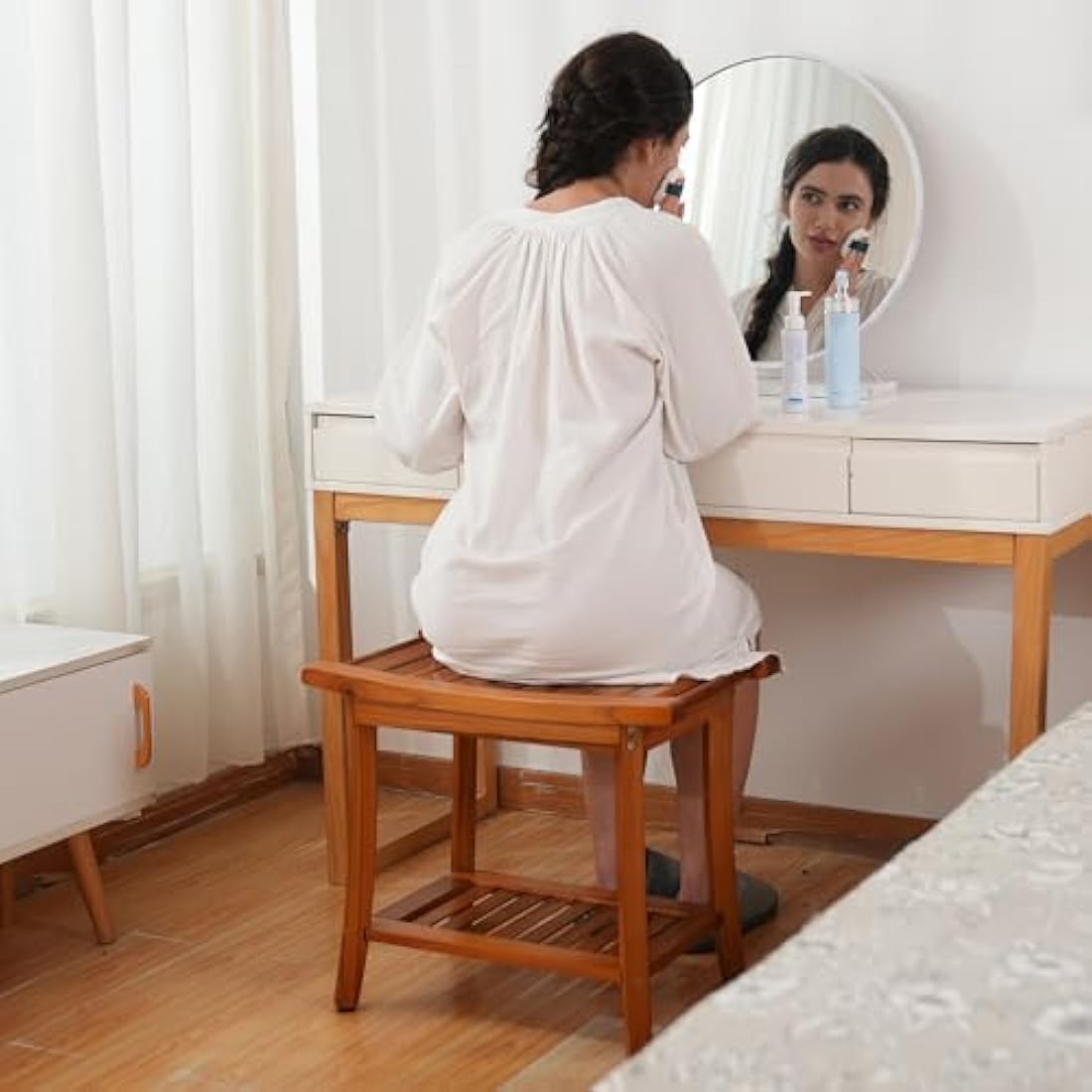 Utoplike Teak Shower Bench Seat with Handles, Wooden Spa Bathing Stool with Storage Shelf, 2-Tier Large Waterproof Chair for Bathroom and Bedroom, Livingroom Use