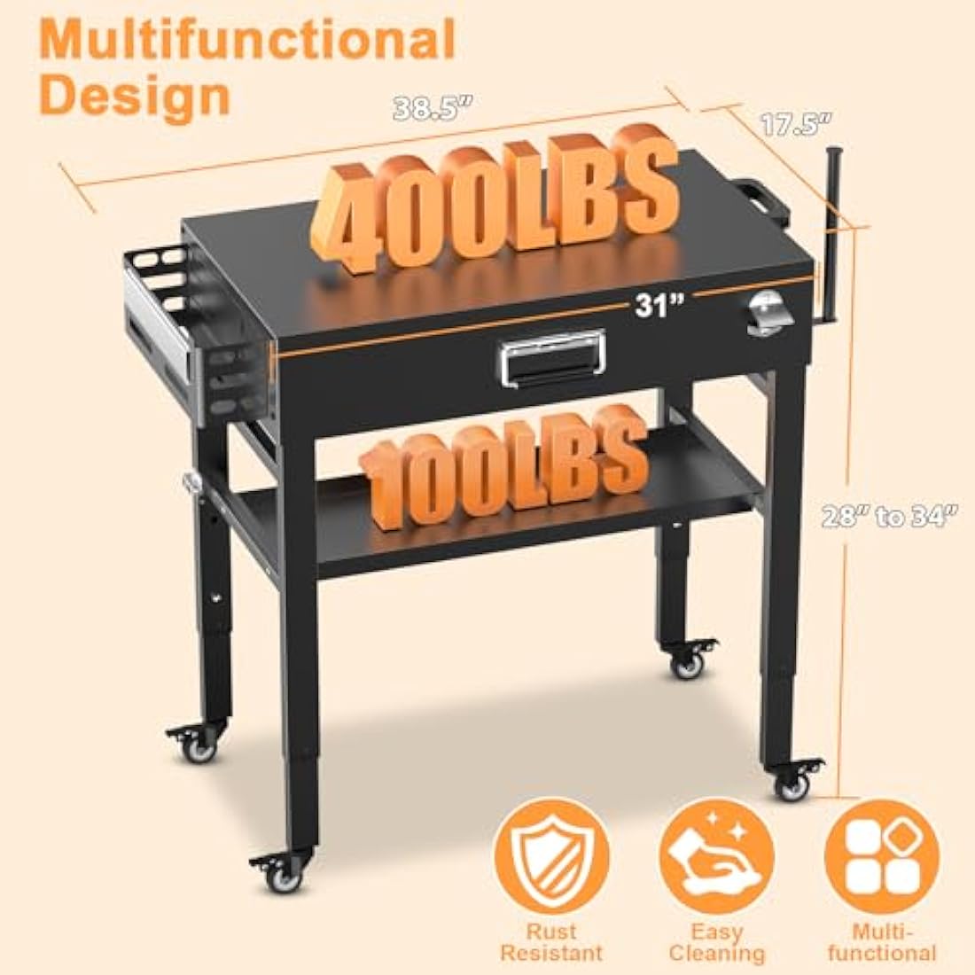 28" and 34" Upgrade Height & Quick-Fold Portable Grill Cart for Ninja Woodfire (OG700 Series), Blackstone 17"/22" Griddle, Pizza Oven – Outdoor Ninja Grill Stand with 4 Swivel Wheels