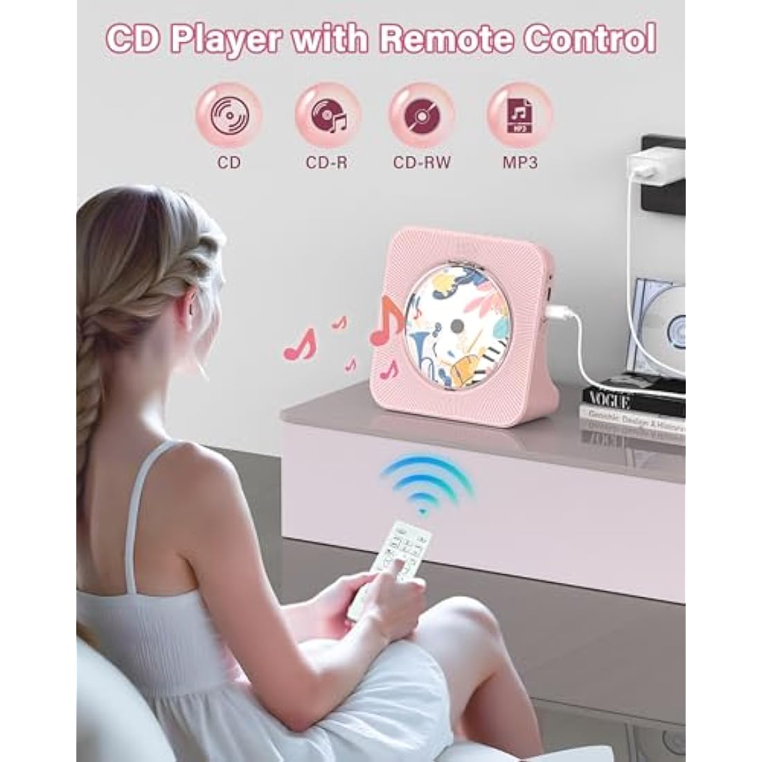 Greadio Portable CD Player with Bluetooth 5.0, Desktop CD Players for Home, CD Music Player with Speakers, Remote Control, Dust Cover, FM Radio, LCD Display, AUX, USB, Headphone Jack, Pink