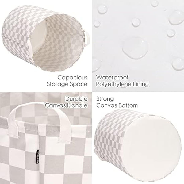 Sea Team 19.7 Inch Large Sized Waterproof Coating Ramie Cotton Fabric Folding Laundry Hamper Bucket Cylindric Burlap Canvas Storage Basket with Stylish Grid Grey Design